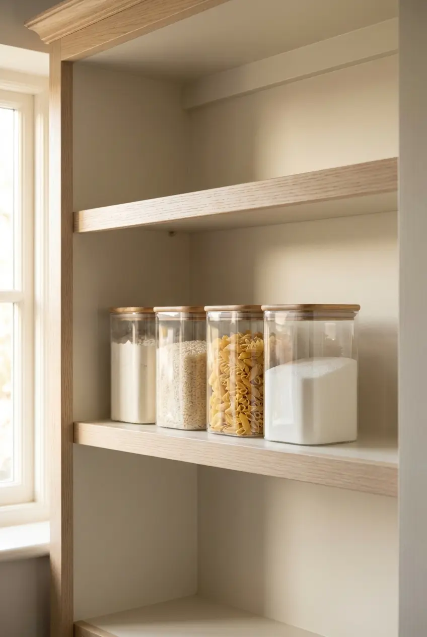 Row of matching square airtight containers holding flour, rice, pasta and sugar on a pantry shelf