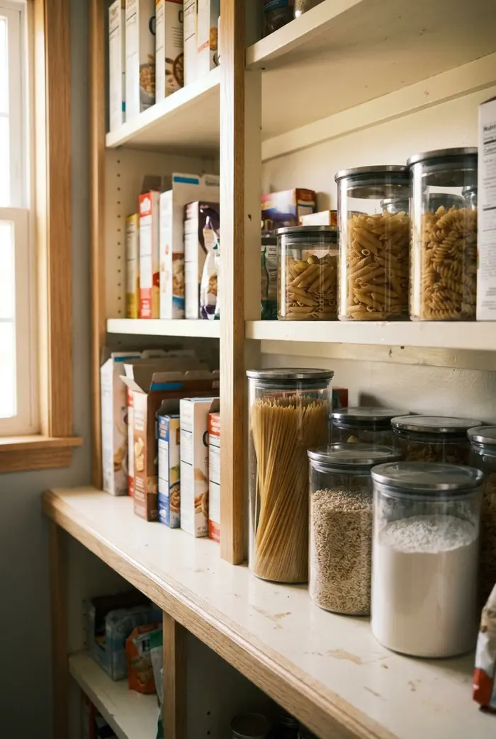 Pantry shelf with a few glass canisters beside ordinary cardboard grocery boxes