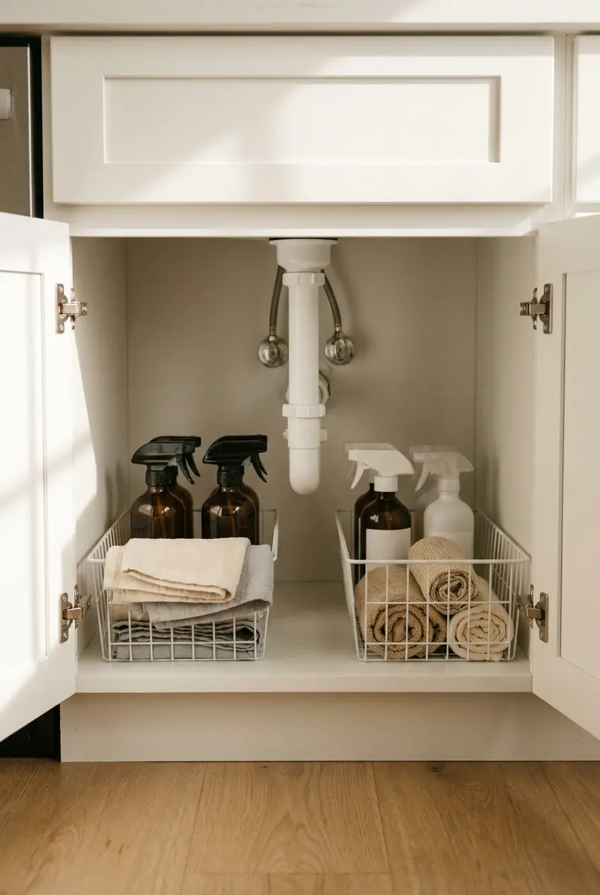 Open cabinet under a kitchen sink with baskets either side of the drain pipe